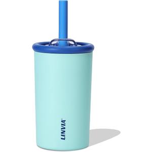 Candy Tumbler, 12 oz Kids Insulated Stainless Steel Water Bottle with Spill Resistant Silicone-Metal Straw and 2-in-1 Lid, BPA-Free, Cup Holder Friendly, Dishwasher Safe, Teal