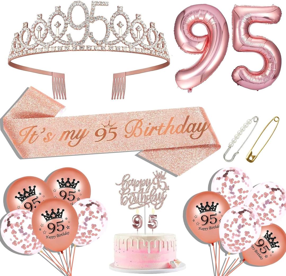 Hysilla 95th Birthday Party Decorations for Women Including Sash Women, Crown, Cake Topper, Balloons, Pin and Candle Set, Rose Gold