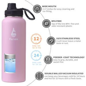Farsea Insulated Water Bottle With Paracord Handle, Protective Boot and 2 Lids (Straw Lid & Spout Lid), Stainless Steel Water Bottle Wide Mouth, Double Wall Sweat-Proof BPA-Free, 32 oz (Pink)