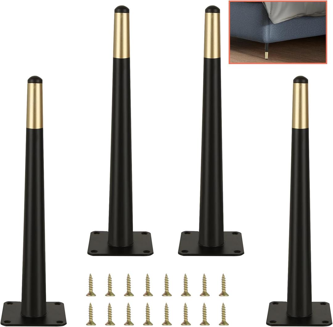 WOPPLXY 4 Pcs 12 Inch Furniture Legs, Straight Conical Metal Table Legs, Black Gold Mid-Century Style Furniture Replacement Legs for Sofa Cabinet Table Chair Cupboard Ottoman Home DIY Projects