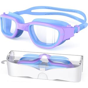 Kids Swim Goggles, Swimming Goggles for Kids 6-14, Anti-Fog UV Protection Pool Glasses for Boys Girls (Blue/Purple-clear)