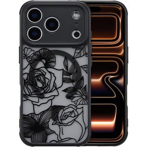 XIZYO Magnetic Case for iPhone 17 Pro Floral Rose Cute Phone Case [Compatible with Magsafe] for Women Girls Aesthetic Pattern Slim TPU Shockproof Bumper Cover, Black