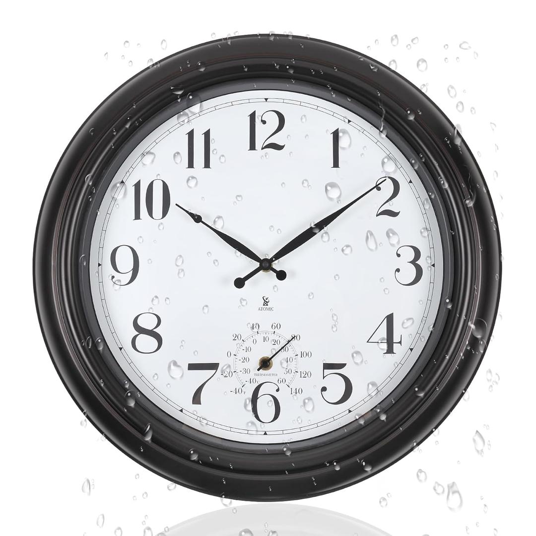 Atomic Outdoor Wall Clock 18 Inch Sealed Outdoor Waterproof Clock with Temperature, Auto-Set Time, Easy to Read - Large Patio, Pool Clock for Outside, Backyard, Garden