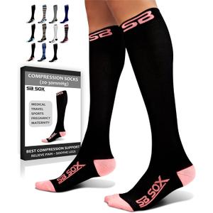 SB SOX Compression Socks for Men & Women (20-30 mmHg) - Best Support Stockings for Travel, Medical, and Sports - Perfect for Everyday Wear (Medium, Black/Pink)