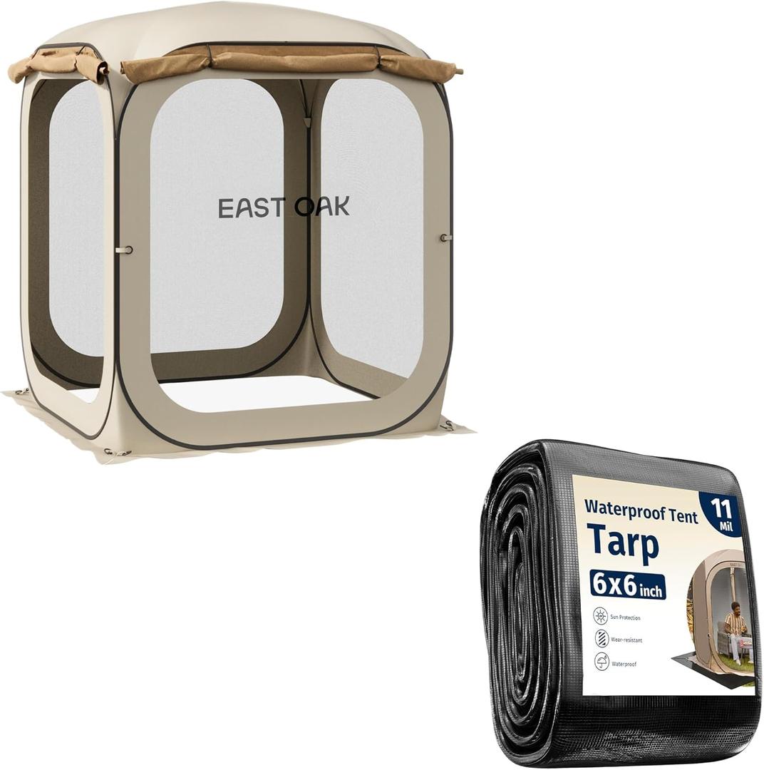Bundle of East OAK 66 FT Pop Up Canopy Tent with MeshInstant Canopy with Portable Carry Bag, Beige + EAST OAK 6x6 FT Waterproof Tarps for Outdoors as Tent Floor Mat,