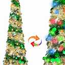 Dual Color Change & Timer - 5FT Pop Up Christmas Tree, Tinsel Christmas Tree 50 Warm White & Colored Lights 8 Mode 3D Star Sequins Collapsible Pencil Christmas Tree Indoor Home Classroom Office (Golden & Green)