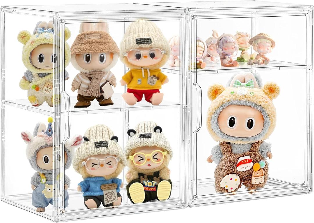 Acrylic Display Case for Collectibles, Clear Storage Bin with 3 Adjustable Layers and1 Removable Divider, Stackable Clear Storage Box with Magnetic Door for Figures, Home or Office, Large,2Pack