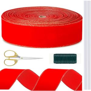 Threehoney 60 Yards Christmas Red Velvet Wired Ribbon with Gold Edge 2.5 Inch Large Ribbon Trim Tools for DIY Crafts Garland Wreath Tree Topper Floral Bouquets Gift Wrapping for Holiday Decoration