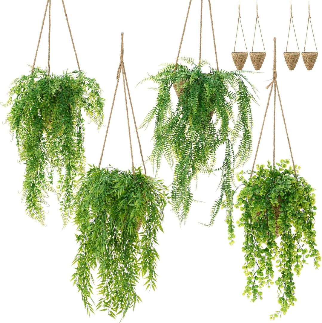 4 Set Fake Hanging Plants with Woven Basket, Include 12 Pcs Artificial Hanging Fake Ivy Vines with Leaves Artificial Greenery Plants for Porch Patio Yard (Classic Style, Cattail)