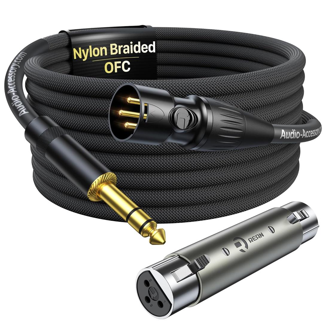 XLR Male to 1/4 Cable with XLR Female to Female Adapter Bundle, Rean Connectors from Neutrik, Kevlar-Reinforced Nylon Braided TRS Cable, Balanced Quarter Inch Cord, 6ft, OFC