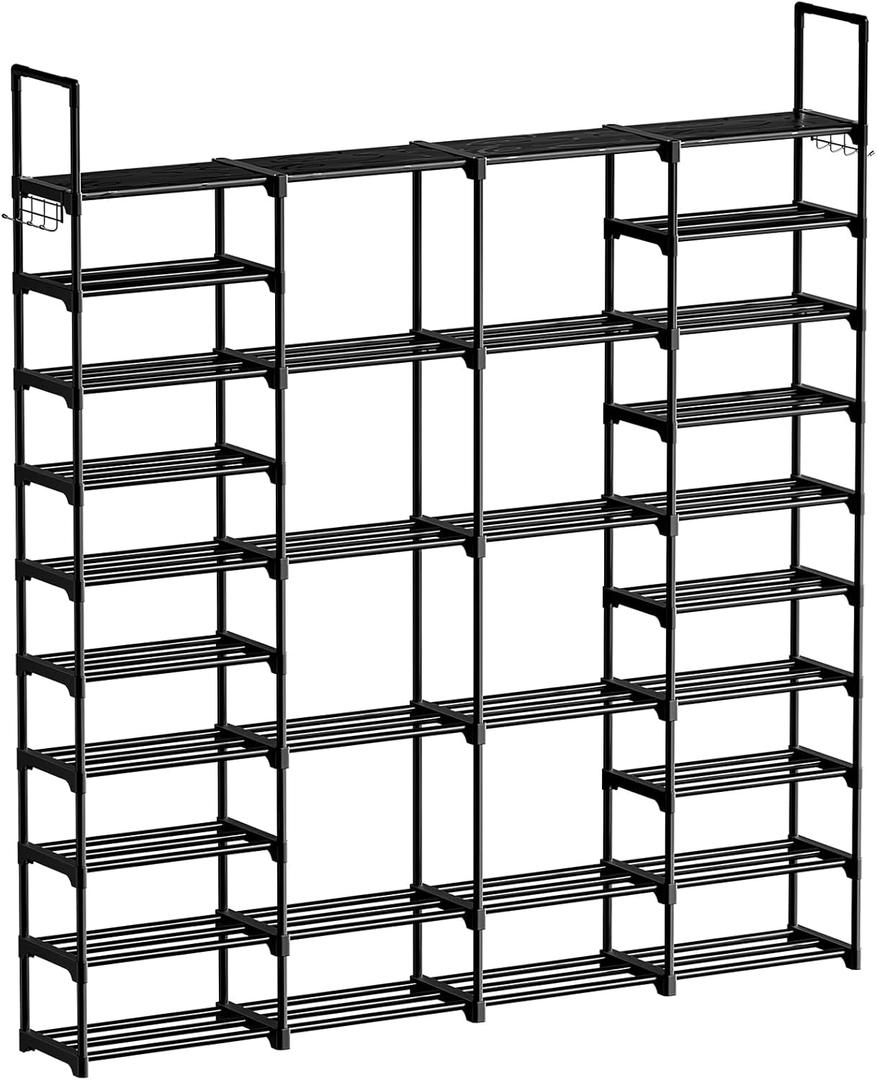 WOWLIVE 4 Row 10 Tiers Extra Large Shoe Rack Big Tall Metal Shoe Shelf, Heavy Duty Organizer for Closet Entryway, Boot Rack Storage Stackable Stand for Garage Black