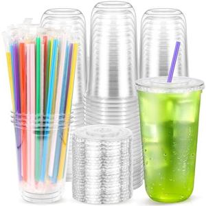 Etersky 100PCS 20 oz Clear Plastic Cups with Lids and Colorful Straws, Round Bottom Disposable To Go Coffee Smoothie Juice Bubble Tea Cups, PET Party Cups for Holiday, Birthdays, Picnics, Christmas