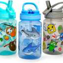 Home Tune 15oz Kids Water Drinking Bottle - BPA Free, Wide Mouth, Flip Straw Sip Lid, Easy Open, Lightweight, Leak-Proof Water Bottle Cute Design For Girls & Boys - 3 Pack Shark & Sloth & Monster