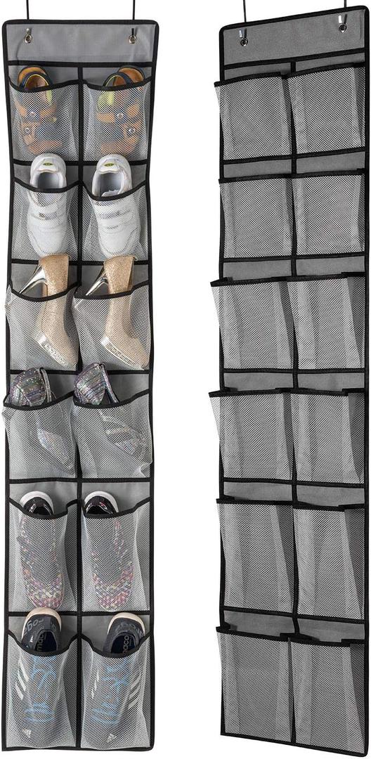 KEEPJOY Over The Door Shoe Organizer 2 Pack,Mesh Pockets Hanging Shoe Rack Over The Door,Shoe Storage Closet with 4 Hooks,Washable and Breathable Fabic,Large Size 57.512.6inch(Grey)