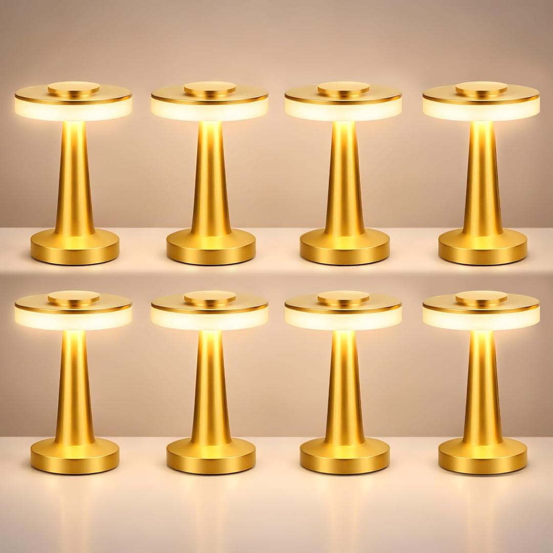 Riakrum 8 Pcs Gold LED Portable Cordless Table Lamp Bulk with Touch Sensor 3 Color Stepless Dimming Rechargeable Battery up to 15 Hours Cordless Table Light Wireless Lamp Wedding Home
