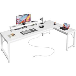PRAISUN 53" L Shaped Computer Desk, Power Outlets, Monitor Stand, White
