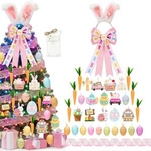 Easter Tree Decorations and Ornaments Set, Large Bunny Ear & Pink Bow Topper, LED Lights, Ribbon - Hanging Egg, Rabbit, Gnome & Carrot Wooden Decor for Home, Party, Table, Outdoor & Classroom
