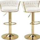 VECELO Bar Stools Set of 2, Adjustable Barstools Counter Height Stools with Back and Arm, Velvet Woven Kitchen Island Stools w/Gold Metal Leg & Base, 360° Swivel Bar Chair for Pubs Dining Room, White