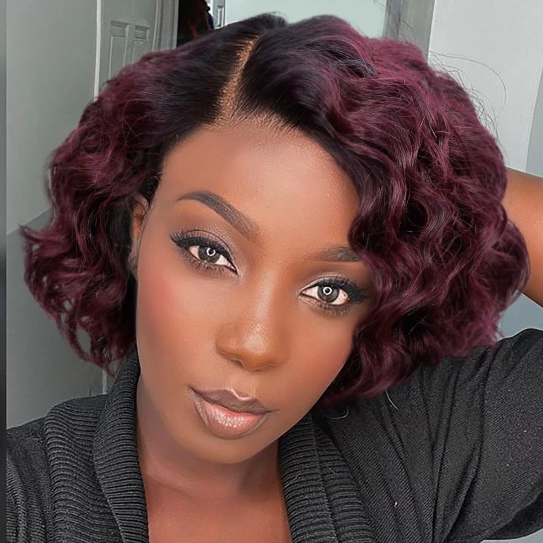 WIGER Short Human Hair Curly Wigs Ombre Curly Bob Hair Wig Brown Short Curly Lace Front Wigs for Black Women 8 Inch Glueless Curly Pixie Cut Wig 150% Density Side Part (1B/99J Lace Frontal Wig 8")