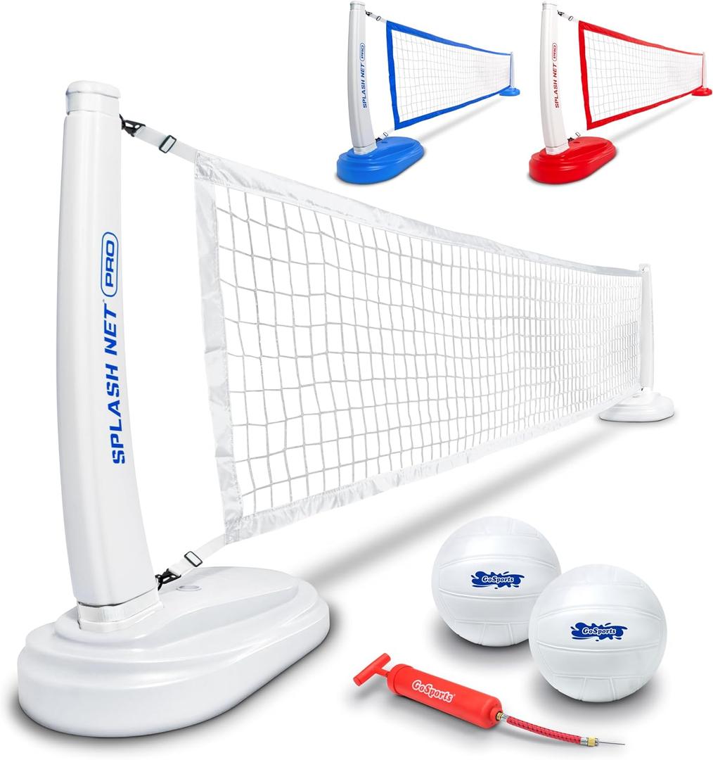 GoSports Splash Net PRO Pool Volleyball Net - Red, White, or Blue - Includes 2 Water Volleyballs and Pump, Medium