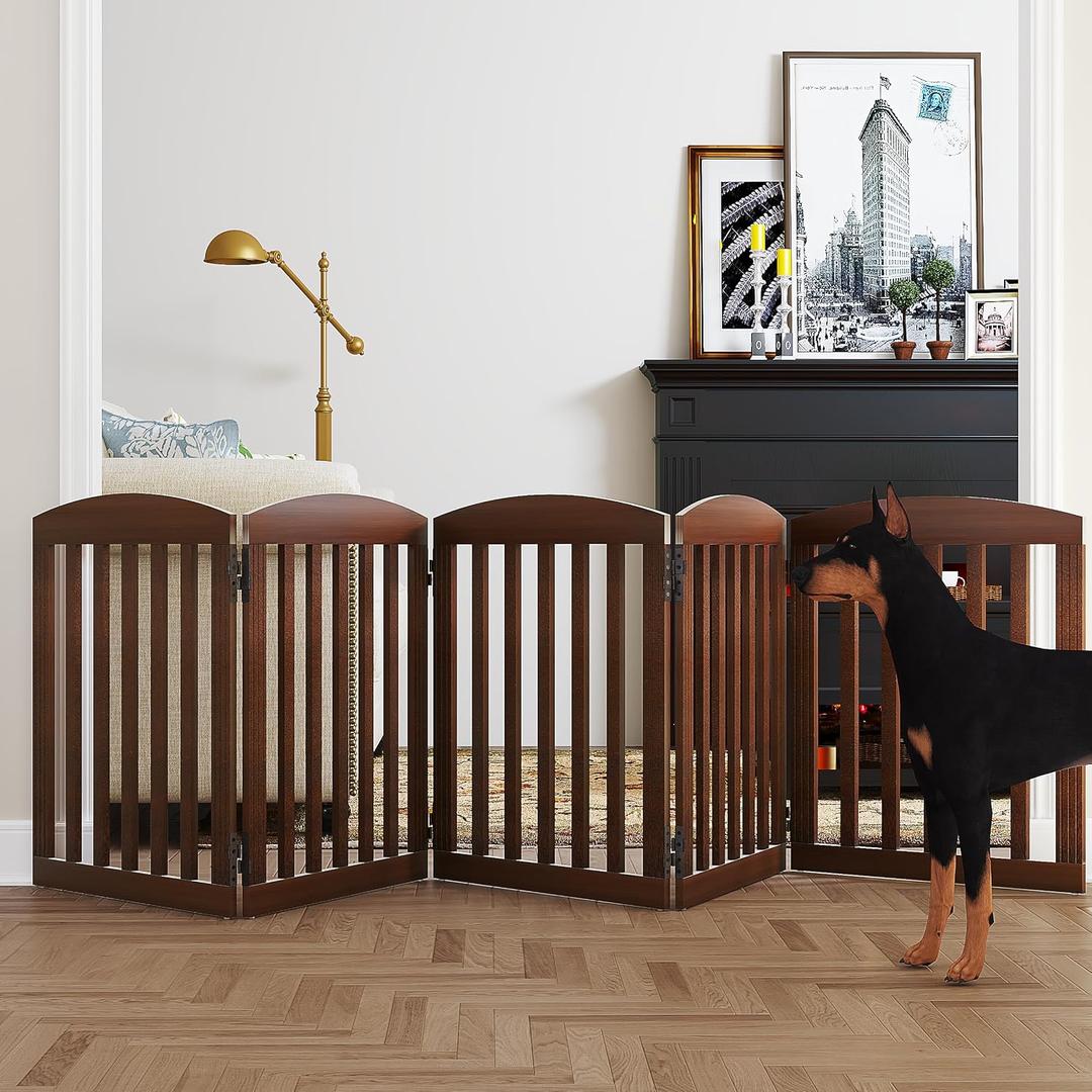 SPIRICH 120" Extra Wide 28" Tall Dog Gate Indoor, Dog Gates for Doorways, Stairs, The House, Wooden Freestanding Foldable Pet Gate, Step Over Puppy Safety Fence, 5 Panels, Brown