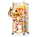 Stuffed Animal Storage with Wheels (Rolling Zoo), Large Wooden Plushie Organizer with Bonus Mesh Net for Small Toys, Mobile Toy Holder Cage for Kids Playroom Bedroom & Toddler Room(Natural Pine