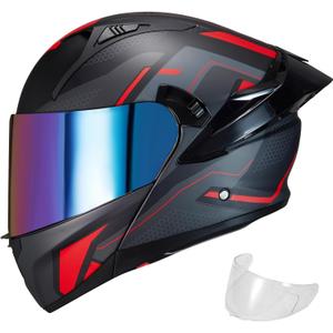 Modular Motorcycle Helmet Dual Visor Flip Up Full Face Helmets SJ-809 DOT Approved for Adults Men Women (Red Mech Man, L)