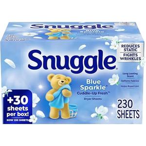 Snuggle Fabric Softener Dryer Sheets, Blue Sparkle CuddleUp Fresh, 230 Ct, LongLasting Fresh & Clean Scent, Softens Fabric, Reduces Static, Fights Wrinkles, Helps Repel Lint & Pet Hair, HE Safe