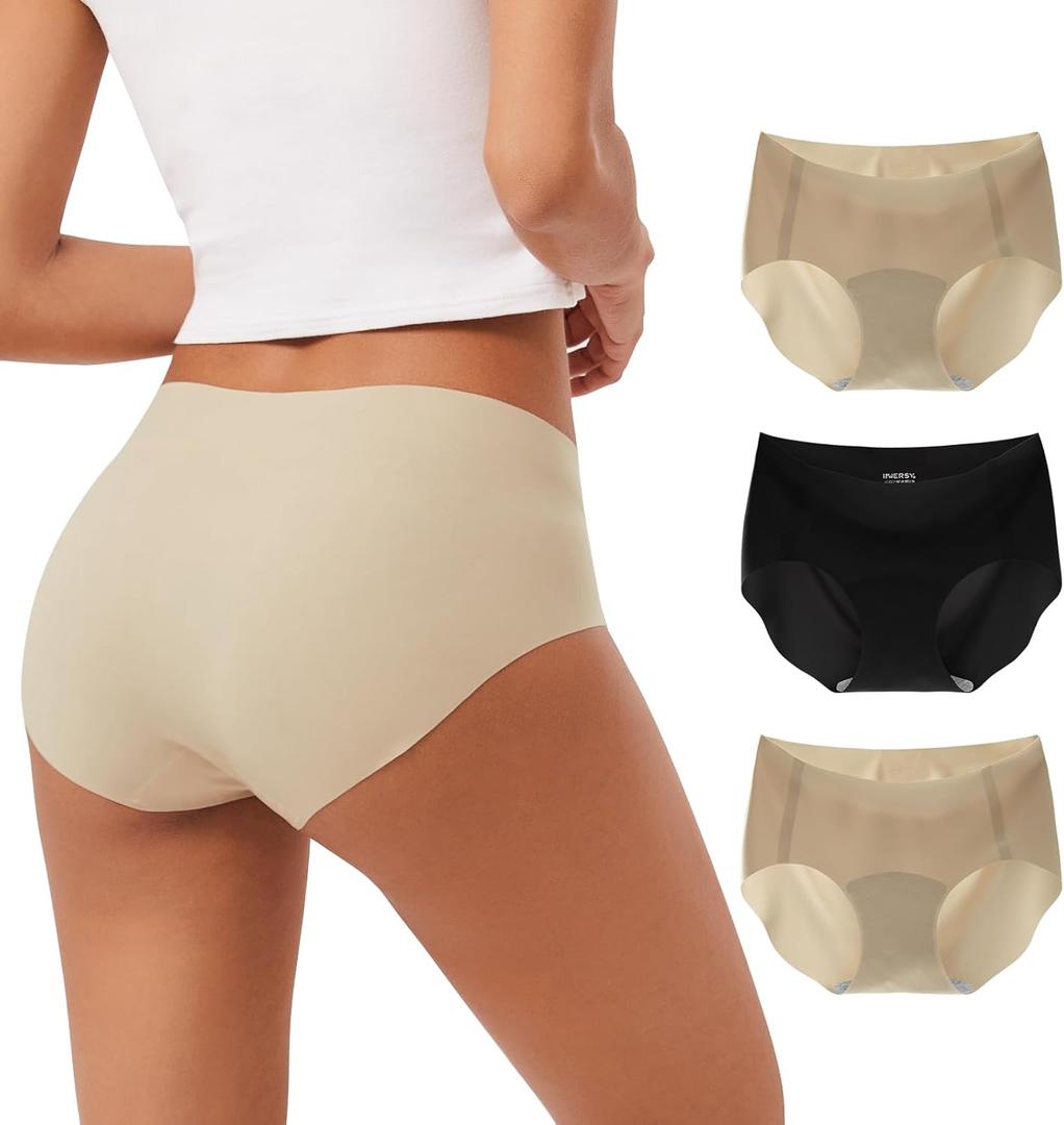 INNERSY Women's Seamless No Show Hipster Panties Invisible Light Underwear 3-Pack (Large, Black/Nude)