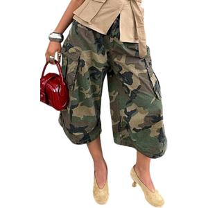 NRTHYE Womens Camo Cargo Jeans Army Fatigue Baggy Wide Leg High Waist Capris Camouflage Trousers Bermuda Boyfriend Pants XL