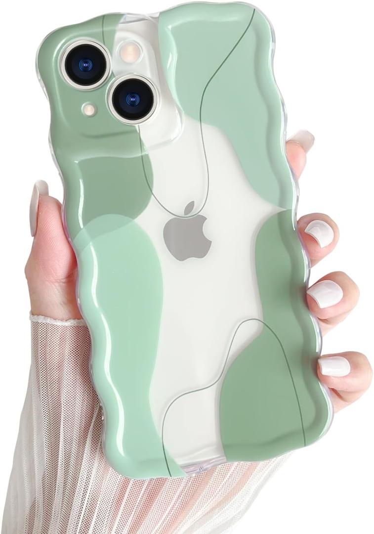 Yeddabox for iPhone 15 Case Cute Art Design Aesthetic Pattern Wavy Clear Phone Case Soft TPU Slim Shockproof Phone Cover for Women Girls, Green