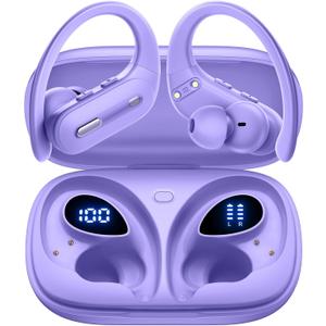 Wireless Earbuds V5.3 Bluetooth Headphones 90 Hrs Playtime Earbuds with Wireless Charging Case Power Display Over-ear Earphones with Earhooks Waterproof Stereo Headset for Android phone Workout Purple