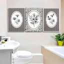 3 Pcs Vintage Floral Canvas Wall Art Bathroom Wall Painting Black And White Stripe Cottage Wildflower Poster Print Rustic Farmhouse Wall Decor for Bedroom Bathroom Living Room Office Kitchen 16*24In (Stretched Canvas On A Wooden Frame)