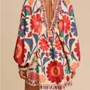 RoseSeek Women's Boho Floral V Neck Mini Dress Bishop Sleeve Tropical Dress (L)