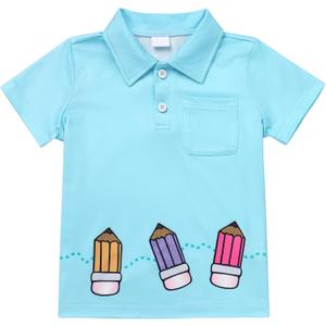 ODASDO Boys Back to School T-Shirt Tops Apple Pencil Printed Causal Button Up Short Sleeve Tee Shirts Summer Outfit (5-6 Years)