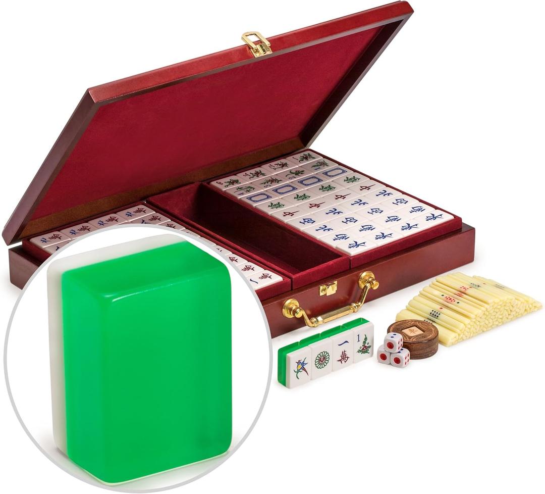 Yellow Mountain Imports Classic Chinese Mahjong Game Set, Emerald with 148 Medium-Size Translucent Green Tiles and Wooden Case