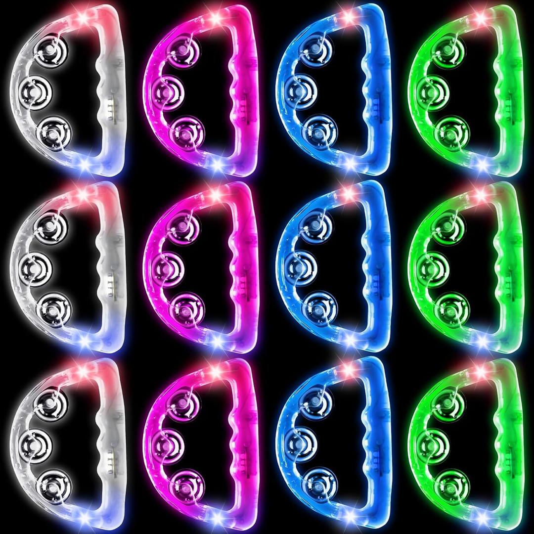 12 Pieces Light Up Tambourine, LED Tambourines for Adults Kids, Musical Flashing Tambourine Glow Tambourines Handheld Percussion Instrument for Wedding Party