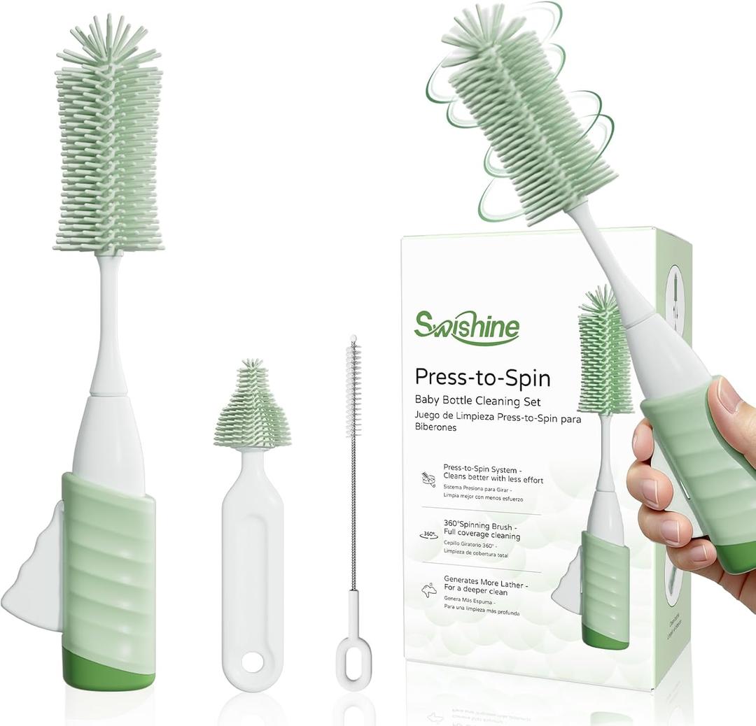 Baby Bottle Brush Set, Innovative Efficient Press-to-Spin Brush Cleaner - Includes Silicone Bottle Brush, Nipple Brush, Straw Cleaner - Spinning Generates Rich Foam for Deep Cleaning, Green