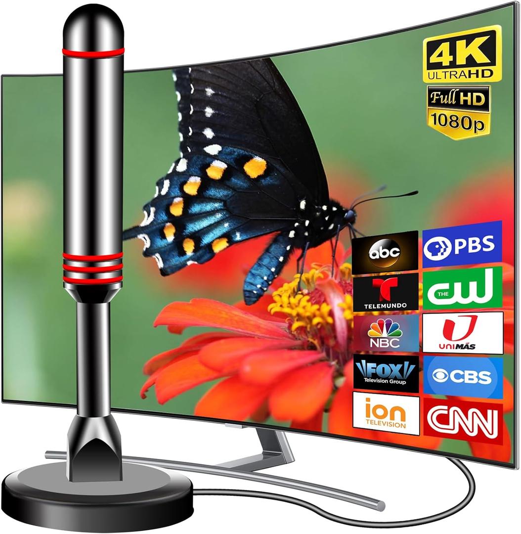 TV Antenna for Smart TV Indoor, 2024 Newest Antenna with Strong Magnetic Base, 360&Long Range Reception TV Antenna for Local Channels, Easy Setup Antenna for TV Without Cable (Black+Red)