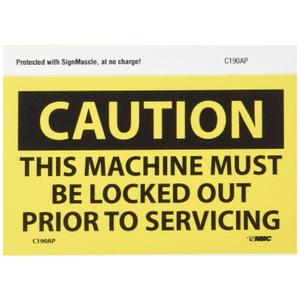 NMC C190AP OSHA Sign, Legend "CAUTION - THIS MACHINE MUST BE LOCKED OUT PRIOR TO SERVICING", 5" Length x 3" Height, Pressure Sensitive Vinyl, Black on Yellow (Pack of 5)