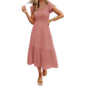 MEROKEETY Women's Summer 2026 Casual Midi Dress Flutter Sleeve V Neck Smocked Tiered Beach Vacation Dresses (Large, Dusty Pink)