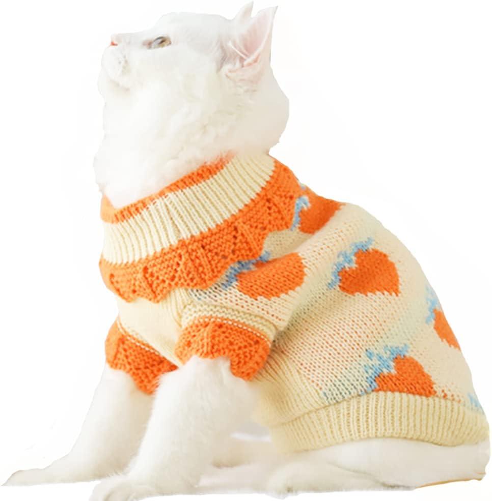 ANIAC Fall Dog Sweater for Small Dog Girl Strawberry Knitted Cat Sweater Winter Puppy Clothes Turtleneck Kitten Knitwear Could Weather Outfit for Teacup Chihuahua Yorkie Poodle (Medium, Orange)