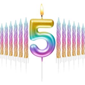 Treela 5 Birthday Candle for Cake with 12 Pieces Spiral Numeral Rainbow Gradient Candle 5th Birthday Rainbow Candles for Girls, Boy, Cake Topper Anniversary Wedding Sweet Theme Party Supplies