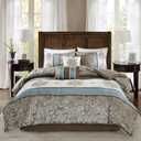 Madison Park Comforter Faux Silk-Traditional Luxurious Jacquard Design All Season Set, Matching Bed Skirt, Decorative Pillows, Queen(90"x90"), Blue 7 Piece (Caroline, Blue/Brown)