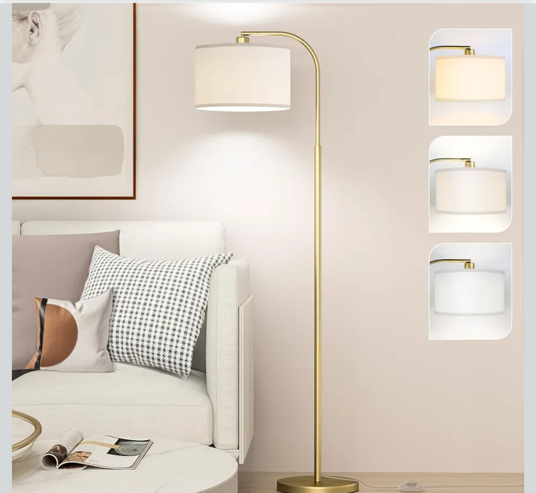 Arc Floor Lamps for Living Room with 3 Color Temperatures, Modern Floor Lamp Reading Light with 9W Bulb Included, Standing Lamp with Adjustable White Hanging ‎Lampshade for Bedroom Office(Gold)