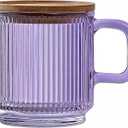 Lysenn Glass Coffee Mug with Lid - Premium Classical Vertical Stripes Glass Tea Cup - for Latte, Tea, Chocolate, Juice, Water - Lead-Free - Bamboo Lid - Amethyst Purple