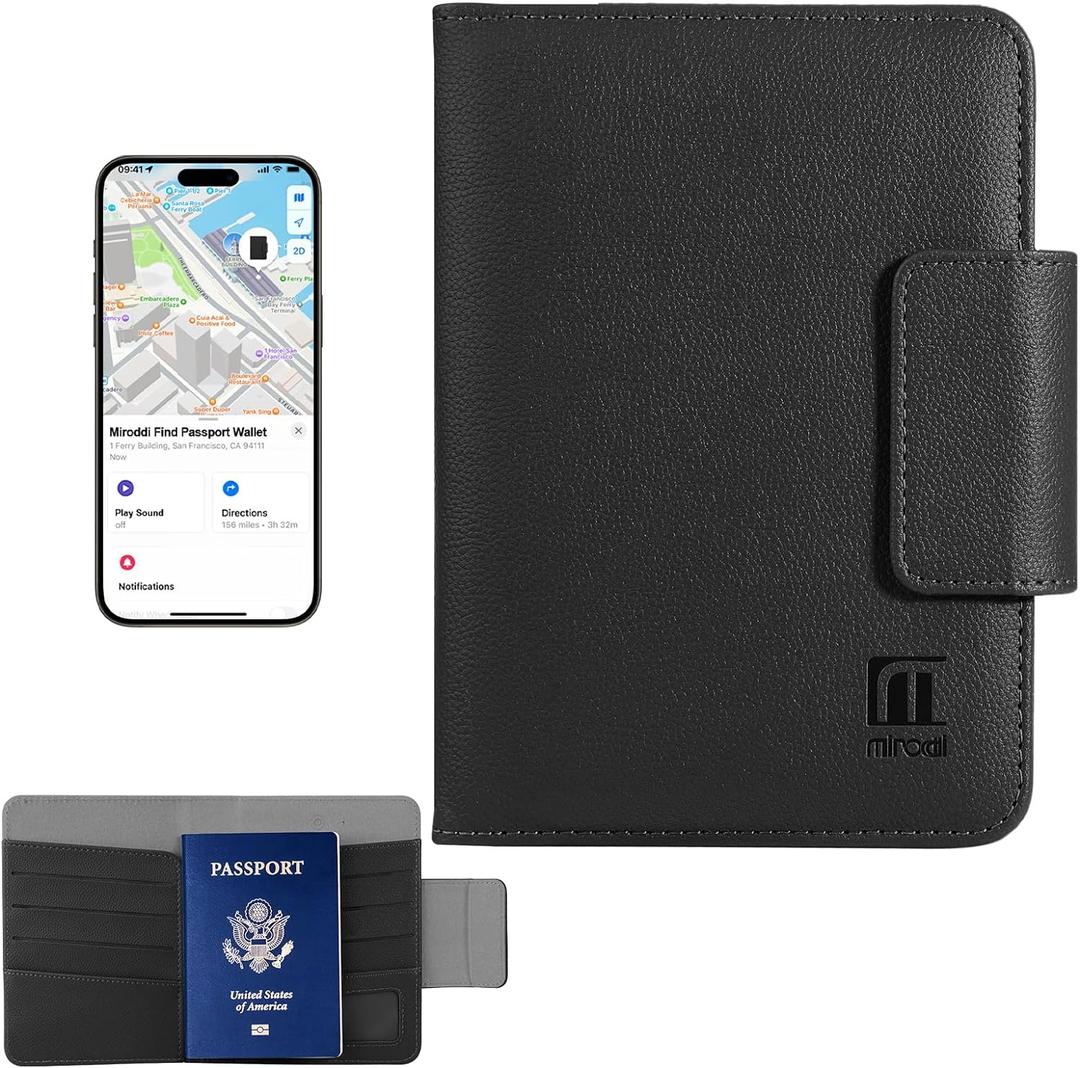 Miroddi Passport Holder for Travel, Works with Find My, Leather Passport Wallet for Travel Essentials, Passport Cover Case for Men and Women with Finder Tracker, 8 Card Slots, RFID Blocking, Black