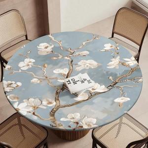 Elegant Flower Round Fitted Tablecloth with Elastic Round Elastic Tablecloth 45"-50" Fitted Table Cover Waterproof Wipeable Circle Table Cloth for Outdoor Picnic