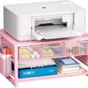 Marbrasse Metal Printer Stand for Desk with Storage Drawer and 2 Pen Holders, 2-Tier Desktop Organizer Printer Table for Home Office, Multi-Purpose Desk Organizer for Fax Machine Scanner Files(Pink)