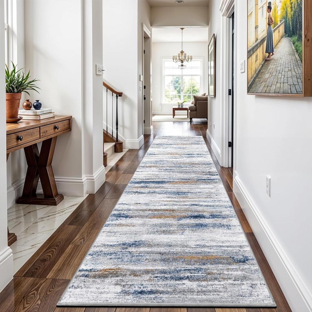 3x9 Washable Runner Rug for Family: Easy-to-Clean Runners for Hallway Entryway Kitchen Bedroom - Stain and Water Resistant Rugs with Non-Slip Backing - Soft Low-Pile Carpet, Navy Grey